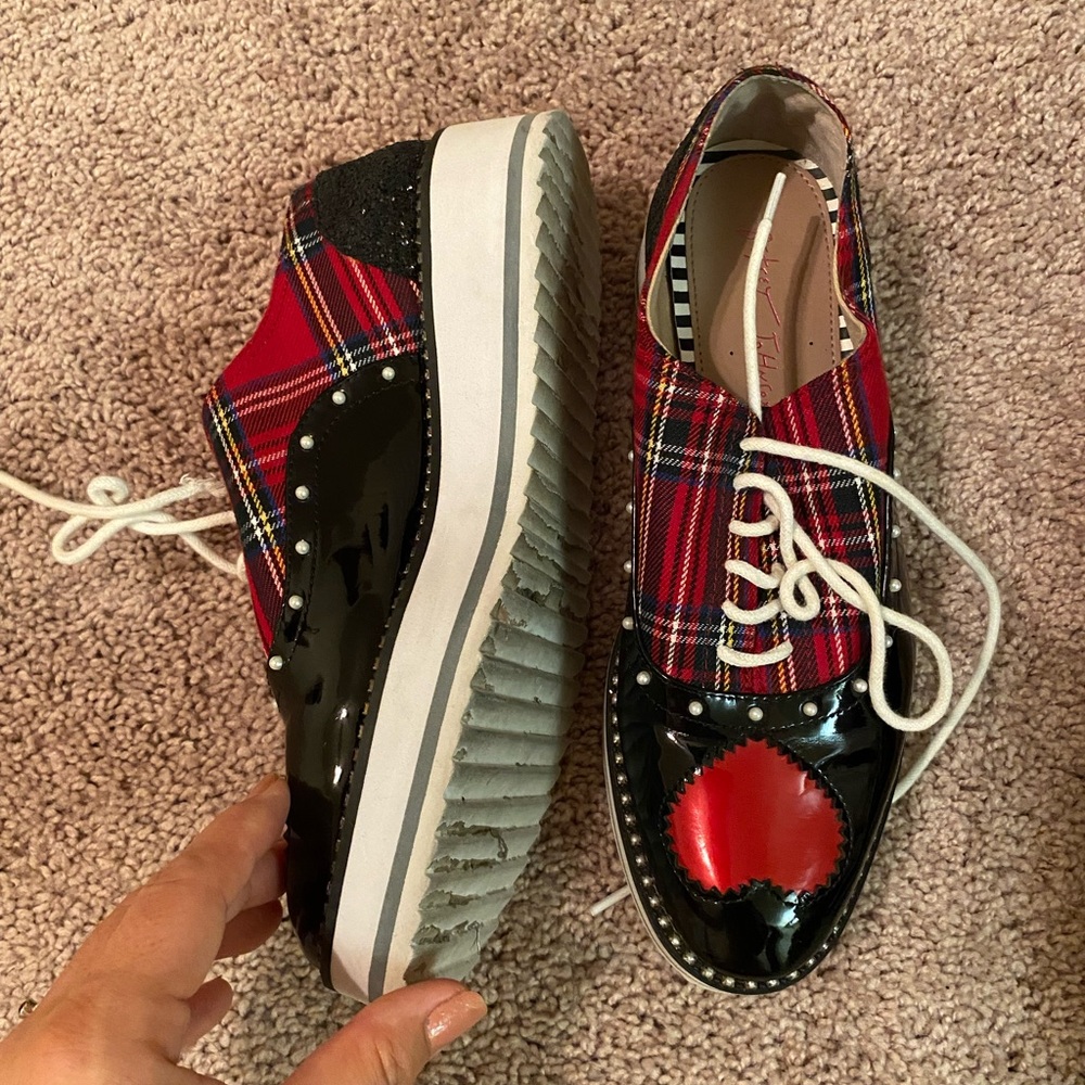 Betsey Johnson Red Heart and Plaid Flats with Black Patent Accents
